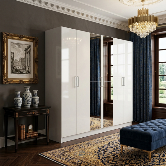 Modern wardrobe with mirror in a stylish room with decorative elements.