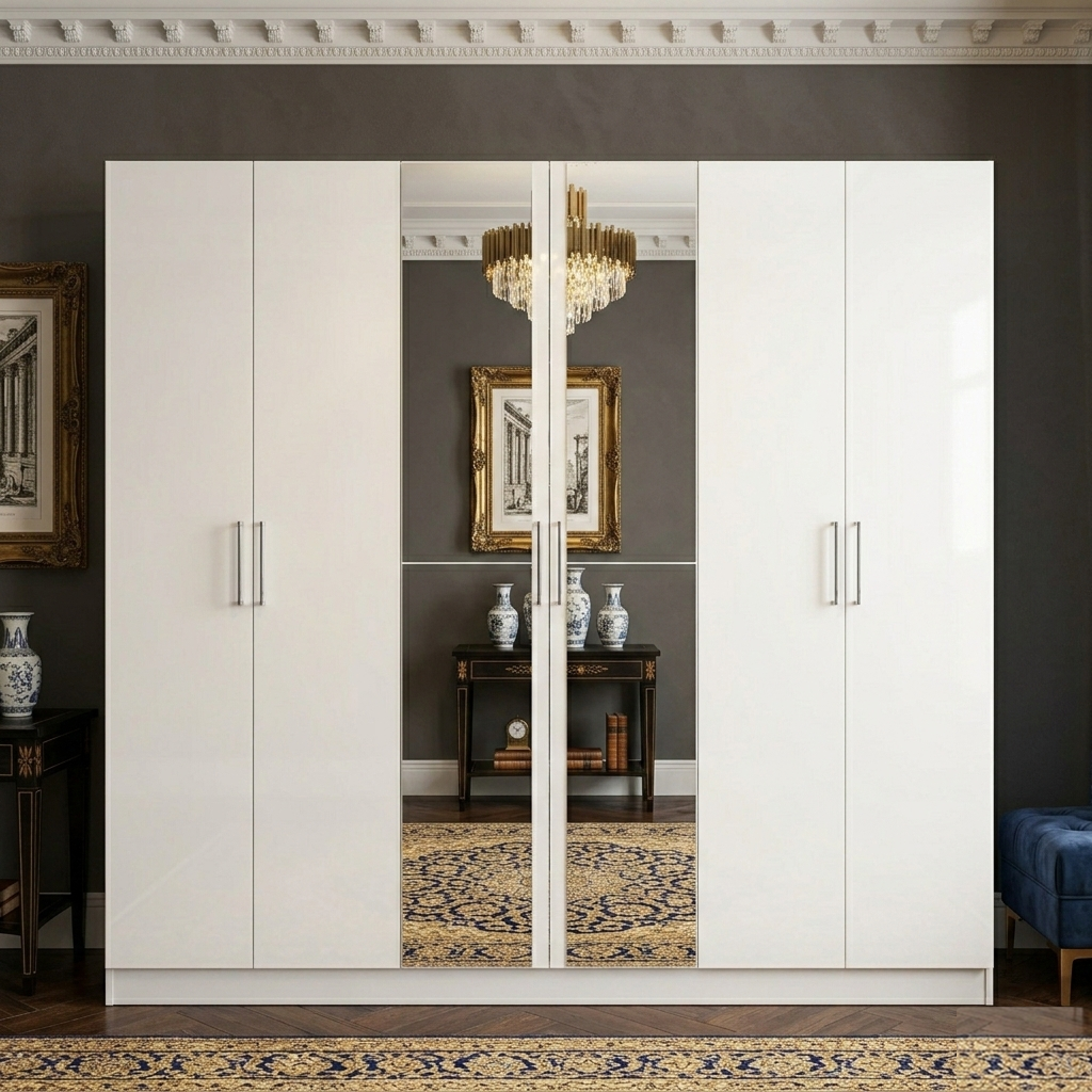White wardrobe with sliding doors in a room with decorative elements.