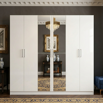 White wardrobe with sliding doors in a room with decorative elements.