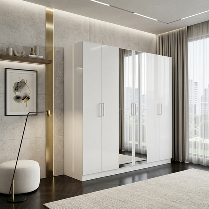Modern bedroom with a white wardrobe, framed artwork, and a window with curtains.