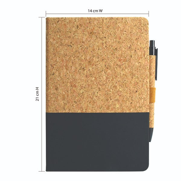 Notebook with cork cover and black base, dimensions indicated