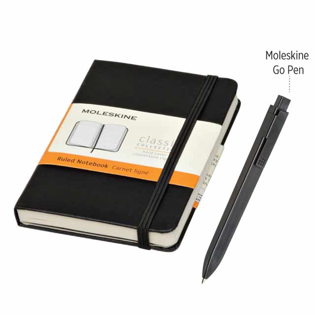 Moleskine Classic Large Ruled Notebook with Go Pen Gift Set – Black
