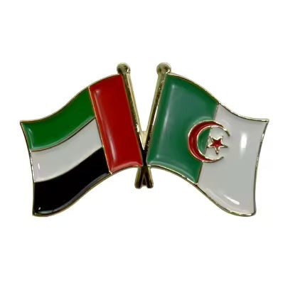 Pin with two crossed flags, one green, red, black, and white, the other green, white, and red with a star and crescent.