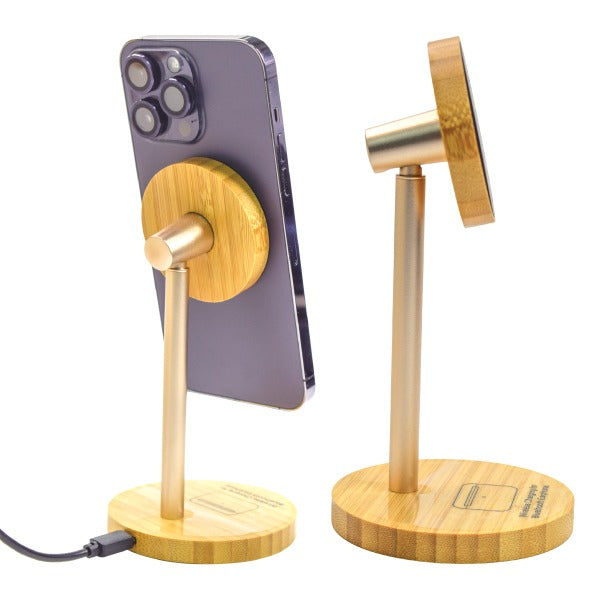 Bamboo Wireless Charger Stand with Light-Up Logo – MagSafe Compatible Dual Charging