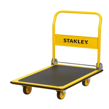 Yellow and black platform truck with Stanley branding on a white background