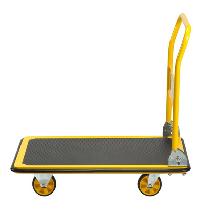 Yellow hand truck with black platform on a white background