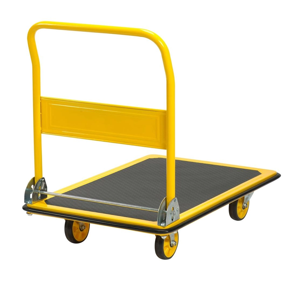 Yellow hand truck with a black platform on a white background