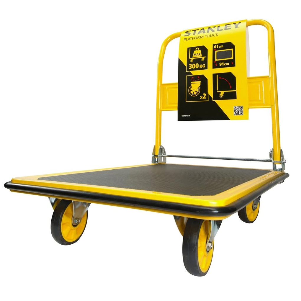 Yellow and black platform truck with Stanley branding on a white background