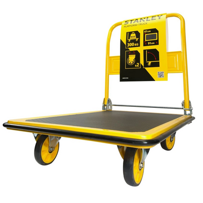 Yellow and black platform truck with Stanley branding on a white background