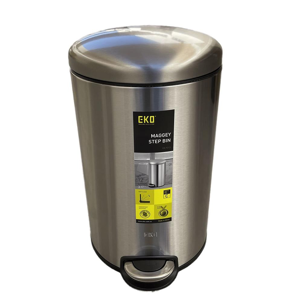 Stainless steel step trash can with EKO branding on a white background