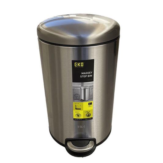 Stainless steel step trash can with EKO branding on a white background