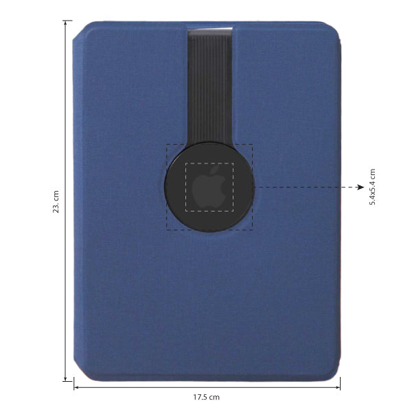 Blue case with a circular black feature and measurements on a white background