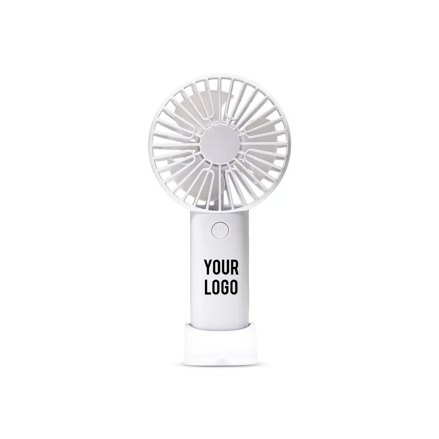 White handheld fan with 'Your Logo' text on a white background