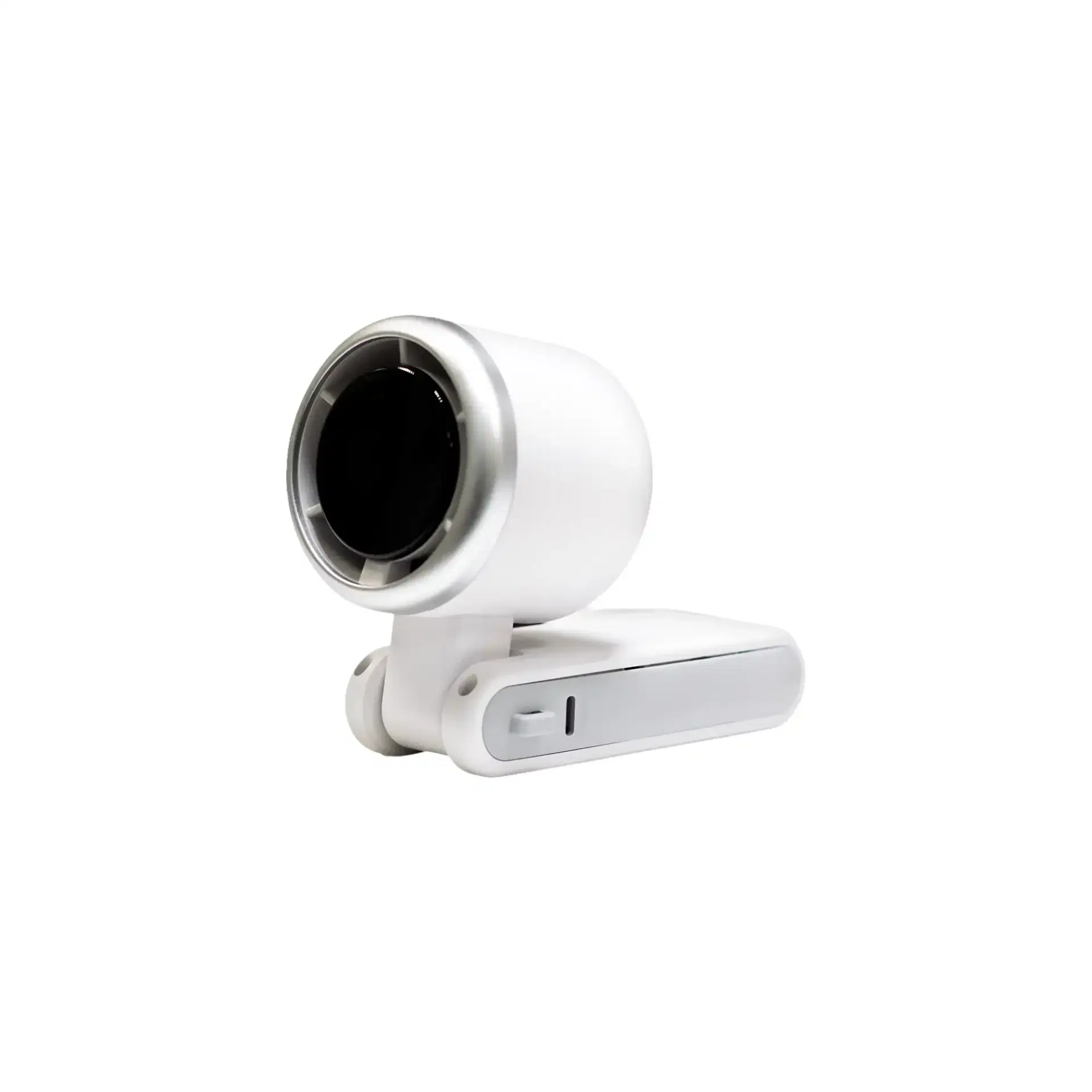 White webcam with a black lens on a white background