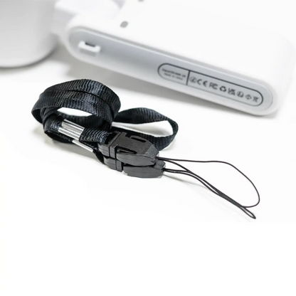 Black lanyard with metal clip on a white background