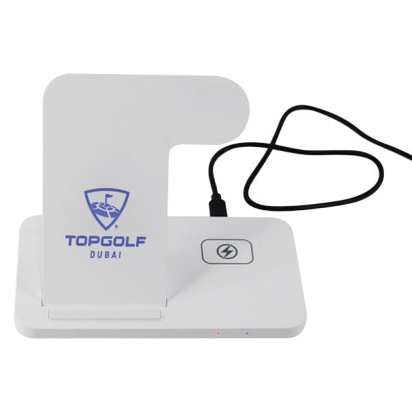 White electronic device with a lanyard, featuring Topgolf Dubai branding.