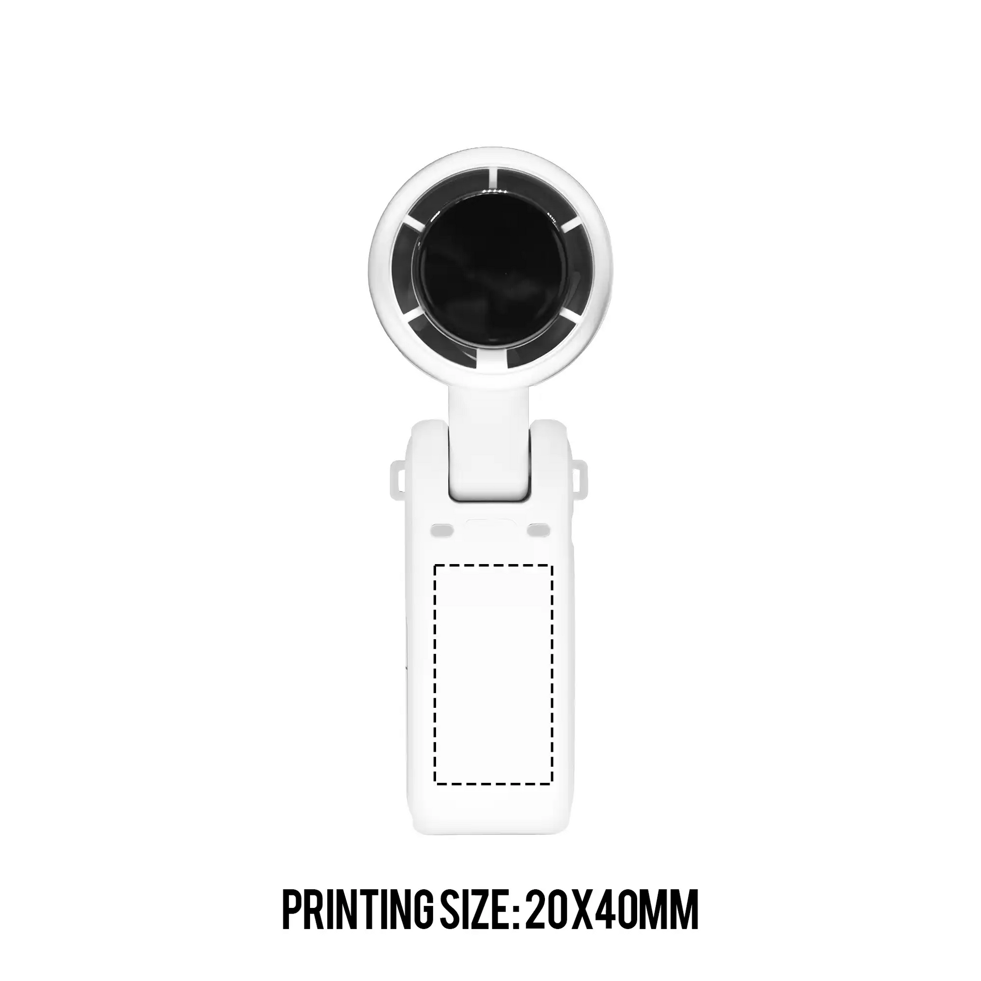 White phone lens clip with black center on a white background, featuring 'PRINTING SIZE: 20X40MM' text.