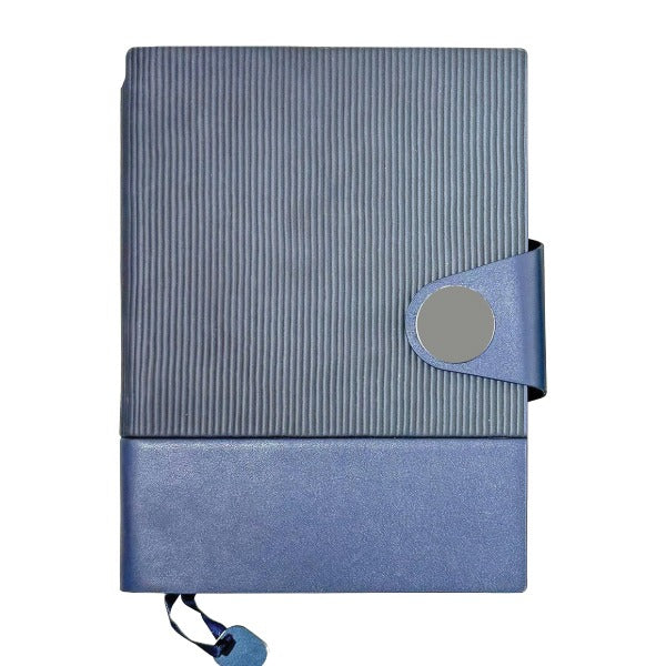 Blue notebook with a textured cover and a strap on a white background