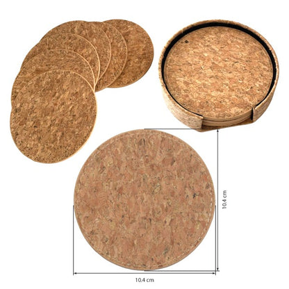 Set of round cork coasters with a storage container, shown with measurements on a white background.