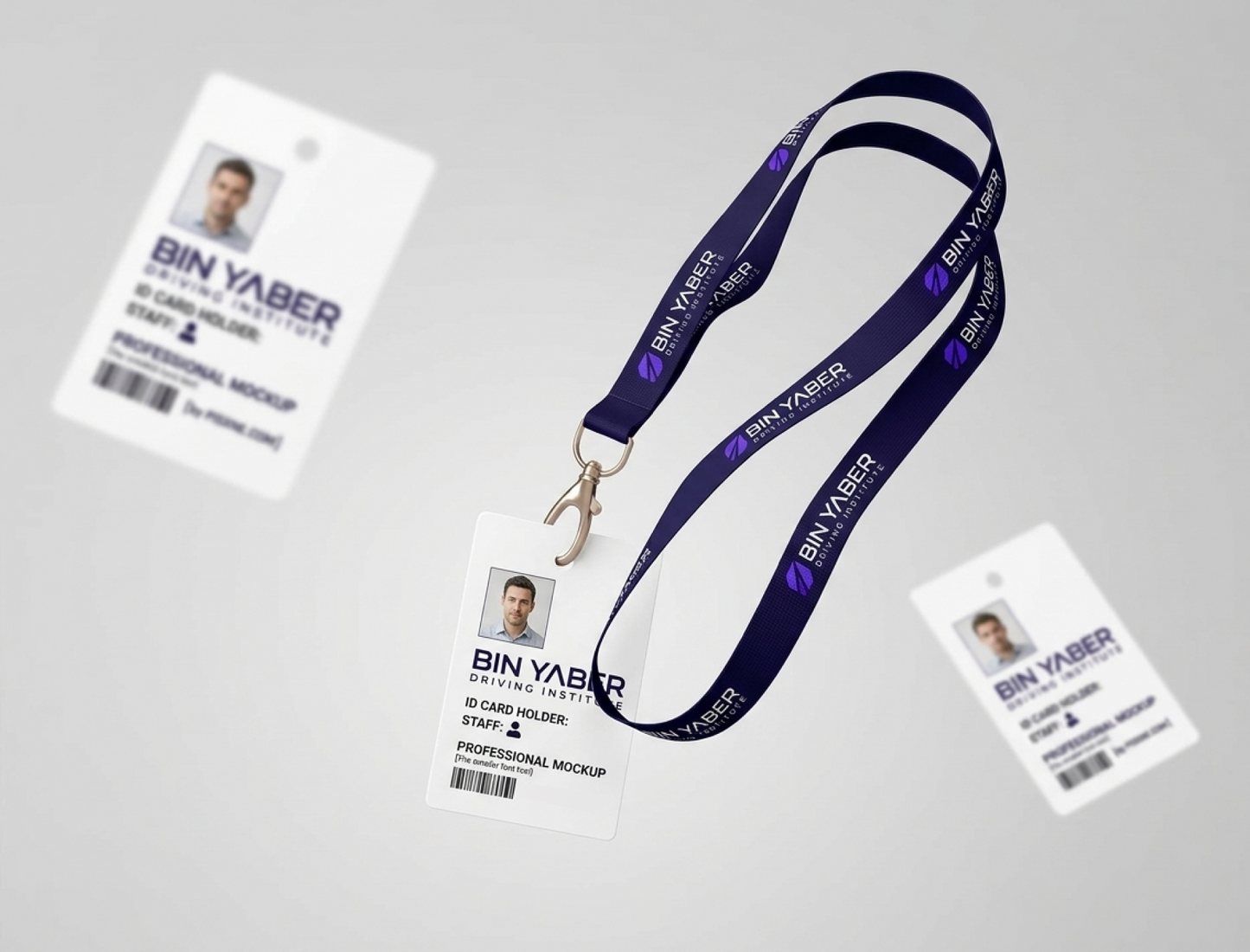 Bin Yaber ID card holder with lanyard on a gray background