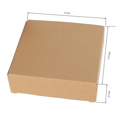 Brown cardboard box with dimensions indicated on a white background