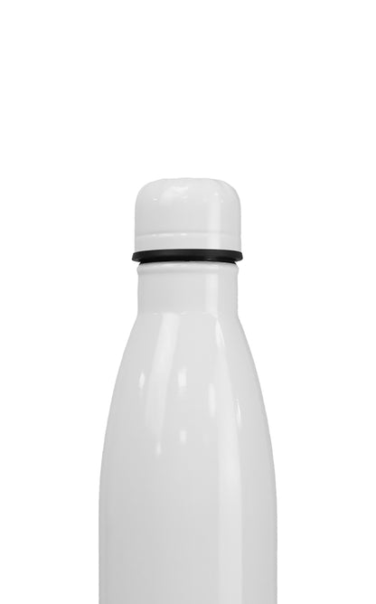 White water bottle with a black lid on a white background