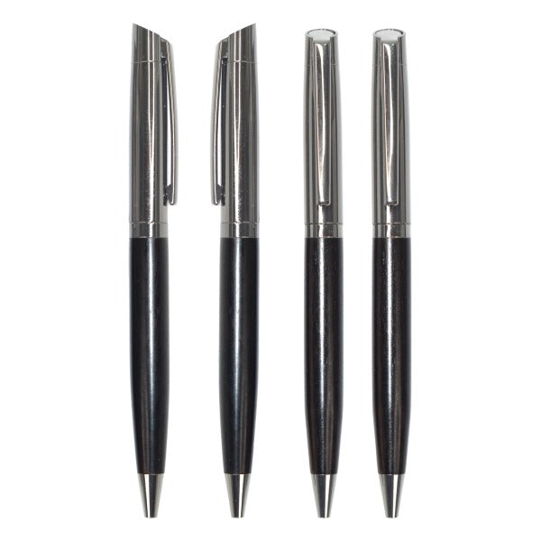 Four black pens with silver accents on a white background